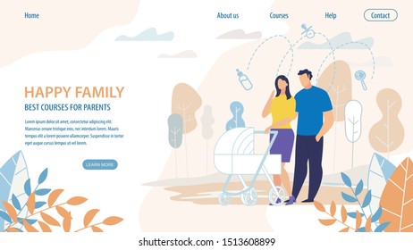 Poster Happy Family Best Courses for Parents. Husband and Wife are Walking in Park, Rolling Stroller with Baby in Front Them. Completion Course, Author give Customers Maximum Value.