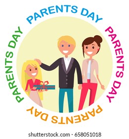 Poster of happy family vector illustration of young daughter congratulating her cheerful mother and joyful father on occasion of Parents` Day