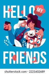 Poster with happy girlfriends in a flat style