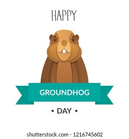 Poster Happy Groundhog Day with paper cut marmot.  Vector illustration.