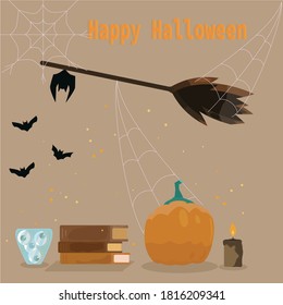 Poster Happy Halloween. Banner. postcard. Broom. Halloween vector illustration