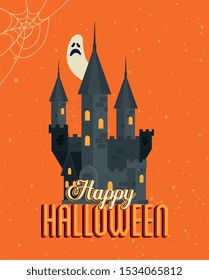 poster happy halloween with castle haunted vector illustration design