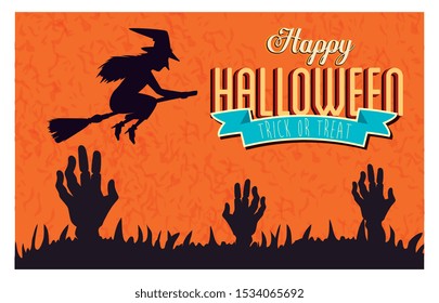 poster of happy halloween with hands zombie and witch flying vector illustration design