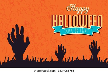 poster of happy halloween with hands zombie vector illustration design