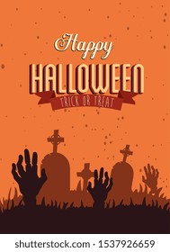 poster happy halloween with hands zombie in cemetery vector illustration design