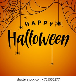 A poster of happy Halloween. Hanging spiders on a web. Vector greeting card.