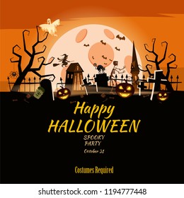 Poster Happy Halloween holiday pumpkin, cemetery, black abandoned castle, attributes of the holiday of All Saints, ghost, spider, black cat, a witch on a broomstick, a gloomy autumn forest, panorama