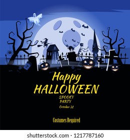 Poster Happy Halloween holiday pumpkin, cemetery, black abandoned castle, attributes of the holiday of All Saints, ghost, spider, black cat, a witch on a broomstick, a gloomy autumn forest, panorama