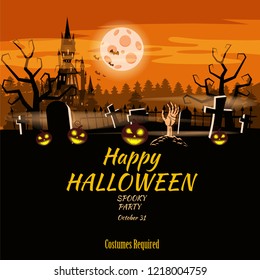 Poster Happy Halloween holiday pumpkin, cemetery, black abandoned castle, attributes of the holiday of All Saints, ghost, spider, black cat, a witch on a broomstick, a gloomy autumn forest, panorama