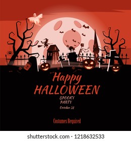 Poster Happy Halloween holiday pumpkin, cemetery, black abandoned castle, attributes of the holiday of All Saints, ghost, spider, black cat, a witch on a broomstick, a gloomy autumn forest, panorama