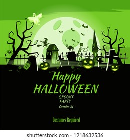 Poster Happy Halloween holiday pumpkin, cemetery, black abandoned castle, attributes of the holiday of All Saints, ghost, spider, black cat, a witch on a broomstick, a gloomy autumn forest, panorama