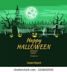 Poster Happy Halloween holiday pumpkin, cemetery, black abandoned castle, attributes of the holiday of All Saints, ghost, spider, black cat, a witch on a broomstick, a gloomy autumn forest, panorama