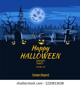 Poster Happy Halloween holiday pumpkin, cemetery, black abandoned castle, attributes of the holiday of All Saints, ghost, spider, black cat, a witch on a broomstick, a gloomy autumn forest, panorama