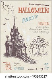 Poster - Happy Halloween party, on 31 October. artistic calligraphy. sketch house with ghosts and spooky tree. retro vintage paper pattern. isolated vector