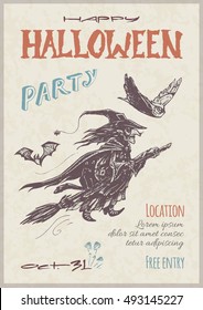 Poster - Happy Halloween party, on 31 Oct. artistic calligraphy. sketch witch on a broomstick, cat, owl and bat. retro vintage paper pattern. isolated vector