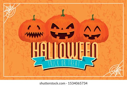 poster of happy halloween with pumpkins vector illustration design