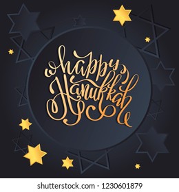 Poster Happy Hanukkah greeting card with golden jewish stars. Gold calligraphy lettering on premium luxury vip black background.