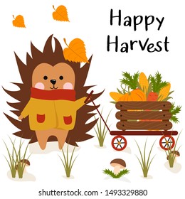 poster happy harvest with hedgehog on a white background - vector illustration, eps