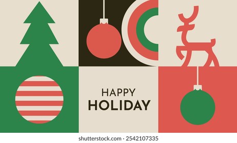 A poster for happy holidays with a Christmas tree and a colorful background.