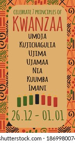 Poster happy Kwanzaa celebration with name of seven principles of Kwanzaa and seven tradition colored candles on tribal ethnic pattern in traditional color. Vector illustration.