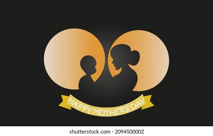 poster of happy mother's day with mother and child in moons. black background and the white words on the golden thing