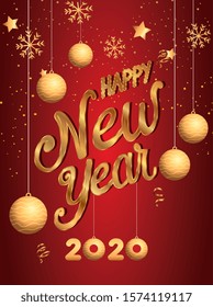 poster of happy new year 2020 with balls hanging vector illustration design