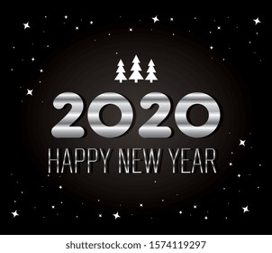 poster of happy new year 2020 with pine trees vector illustration design