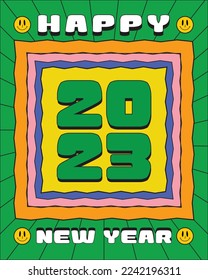 Poster Happy New Year 2023 logo RETRO STYLE groovy Memphis 90's design