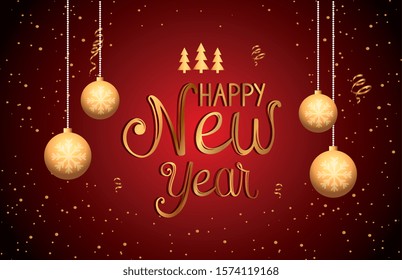 poster of happy new year with balls hanging vector illustration design