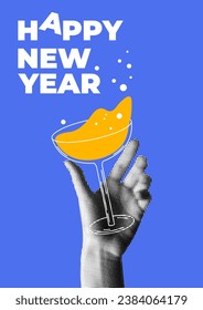 Poster Happy New Year with hand with a glass of spilled champagne or wine. Hand holding  drink. Сelebrating the event. New Year or Christmas party. Modern halftone collage. Retro newspaper elements