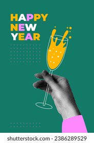 Poster Happy New Year with hand with a glass of spilled champagne or wine. Hand holding  drink. Сelebrating an event. New Year or Christmas party. Modern halftone collage. Retro newspaper elements