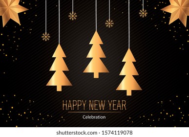 poster of happy new year with pine trees hanging vector illustration design