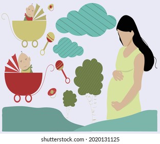 Poster with a Happy pregnant woman hold her belly, dream with the baby and walk in the park. flat design card, vector illustration.