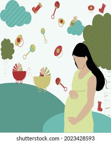 Poster with a Happy pregnant woman hold her belly, dream with the baby and walk in the park. flat design card, vector illustration.