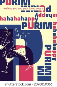 Afiche del evento HAPPY PURIM con tipografía abstracta e ilustración de dos copas de vino en estilo retro.