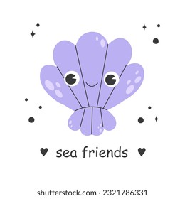 Poster of a happy purple seashell with cute eyes and a kawaii smile on a white background in cartoon style. Clam card for childrens design with marine elements. Vector stock illustration of oyster.