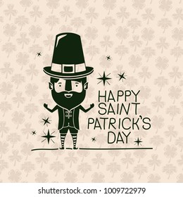 poster happy saint patricks day with leprechaun in green color silhouette with background pattern of clovers