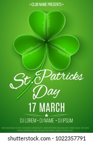 Poster for a Happy Saint Patrick's Day party. Green clover with pattern. Light green background. Invitation to the club, bar. Vector illustration. EPS 10