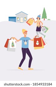 Poster with happy shoppers man and woman with Christmas and New year gifts for family and friends. Seasonal holiday sales, discounts. Vector flat illustration