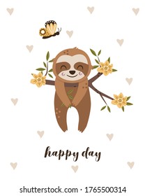 poster with happy sloth on a tree - vector illustration, eps