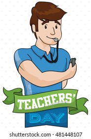 Poster with happy sport's educator celebrating Teachers' Day with commemorative ribbons.