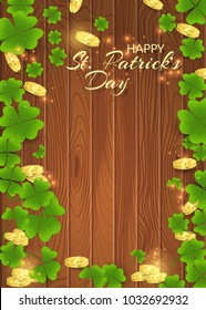Poster of a happy St. patrick's day with gold coins and clover leaves on a wooden background

