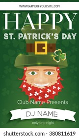 Poster for Happy St. Patricks Day Party. Vector illustration. Template for club flyers or restaurant design. illustration with Leprechaun head in hat.