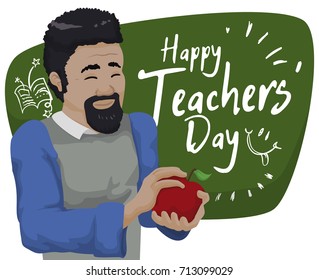 Poster with happy teacher receiving an apple like gift from his students with a greeting message in the chalkboard for Teachers' Day celebration.