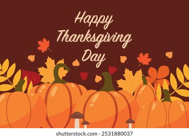 Poster for happy thanksgiving with pumpkins and leaves