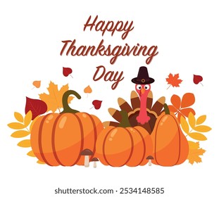 Poster for happy thanksgiving with a turkey and pumpkins. Vector graphics