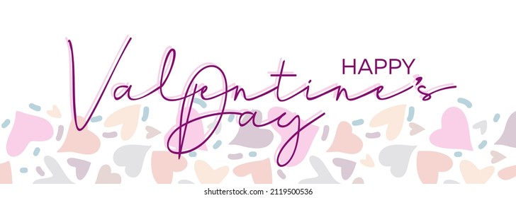 Poster "Happy Valentine's Day" with handwritten text and hearts highlighted on a white background. Poster in soft pink colors.