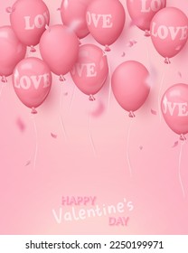 Poster Happy Valentine's Day with pink realistic glossy, matt and clear balloons with word LOVE. Vector illustration for card, party, design, flyer, poster, decor, banner, web, advertising. 