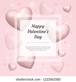 Poster Happy Valentines Day with realistic pink hearts and lettering on pink background. Valentine's day vector illustration.