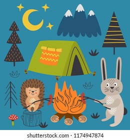 poster hare and hedgehog near bonfire in camp - vector illustration, eps